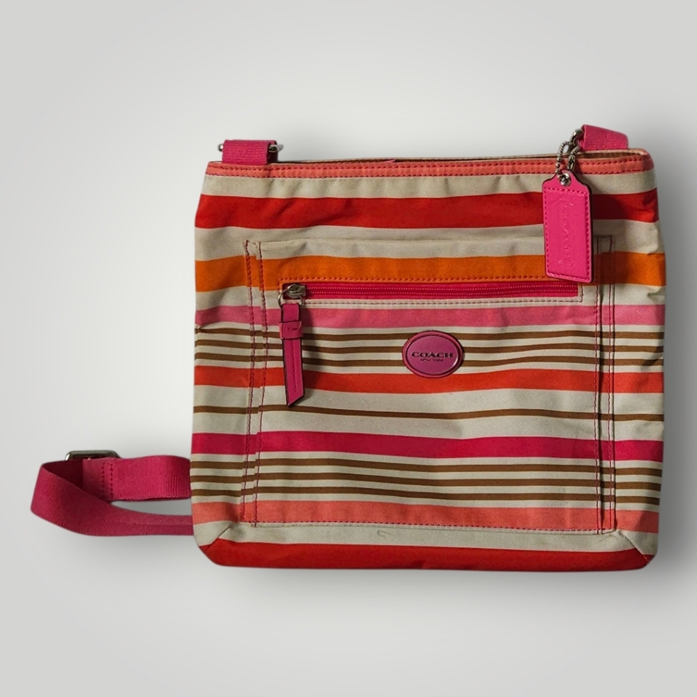 Coach F31962‎ Stripe Nylon Crossbody Purse Pink Leather Trim Lightweight Travel - Picture 2 of 10